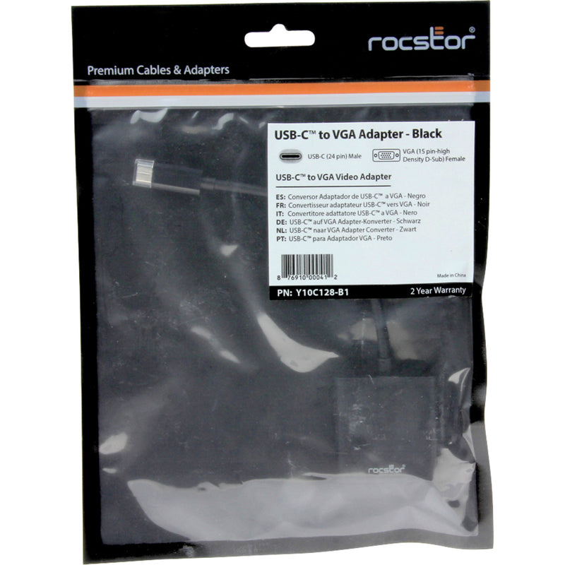 Retail packaging of Rocstor USB-C to VGA adapter showing multilingual product information