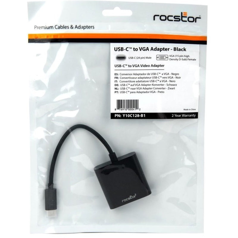 Full package view of Rocstor USB-C to VGA adapter with product information