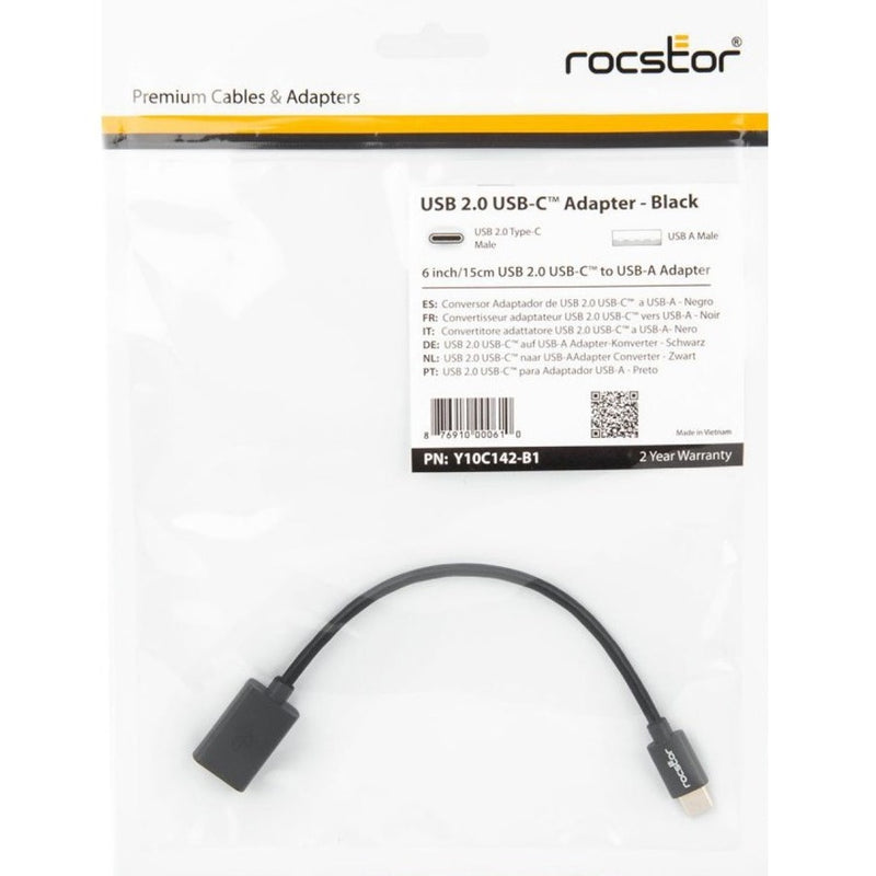 Full retail package view of Rocstor USB-C adapter with QR code and product information