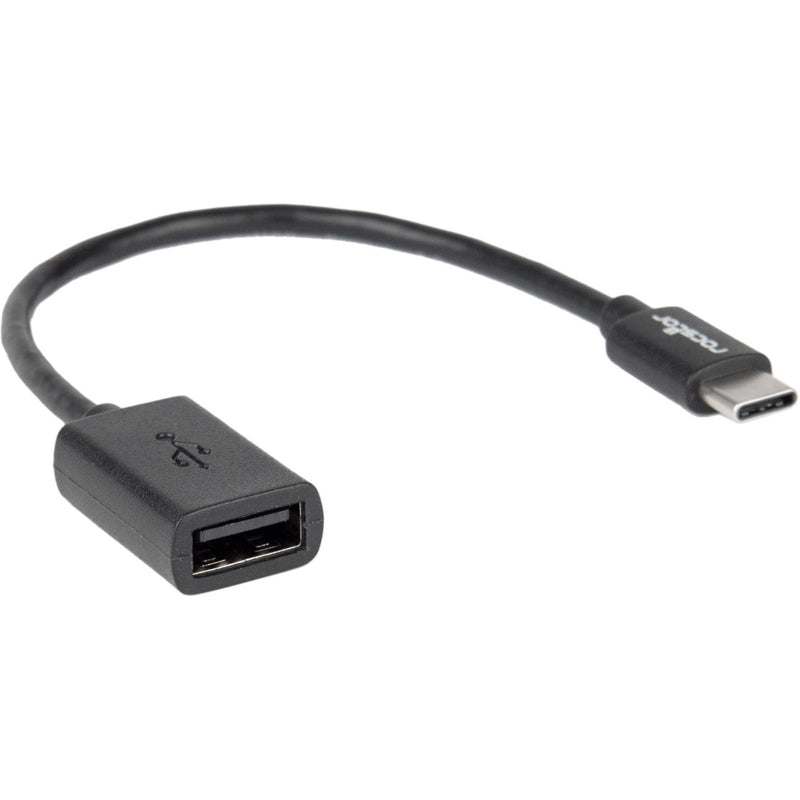 Black Rocstor USB-C male to USB-A female adapter cable showing curved design against white background