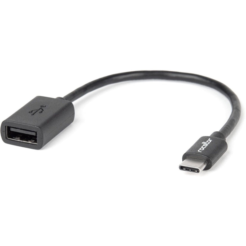 Angled view of Rocstor USB-C to USB-A adapter showing ergonomic design