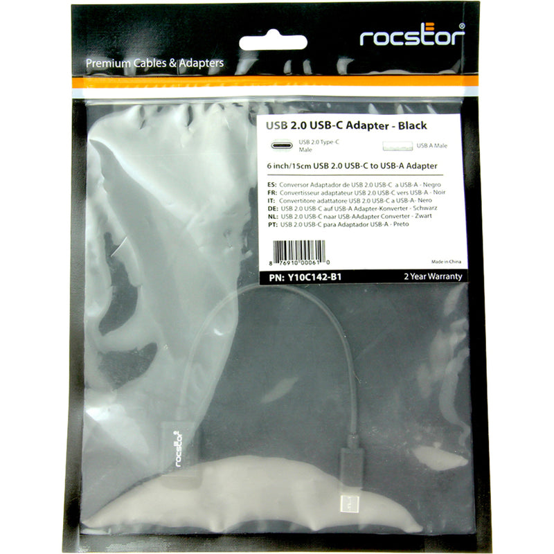 Rocstor USB-C adapter retail packaging showing multilingual product information and specifications