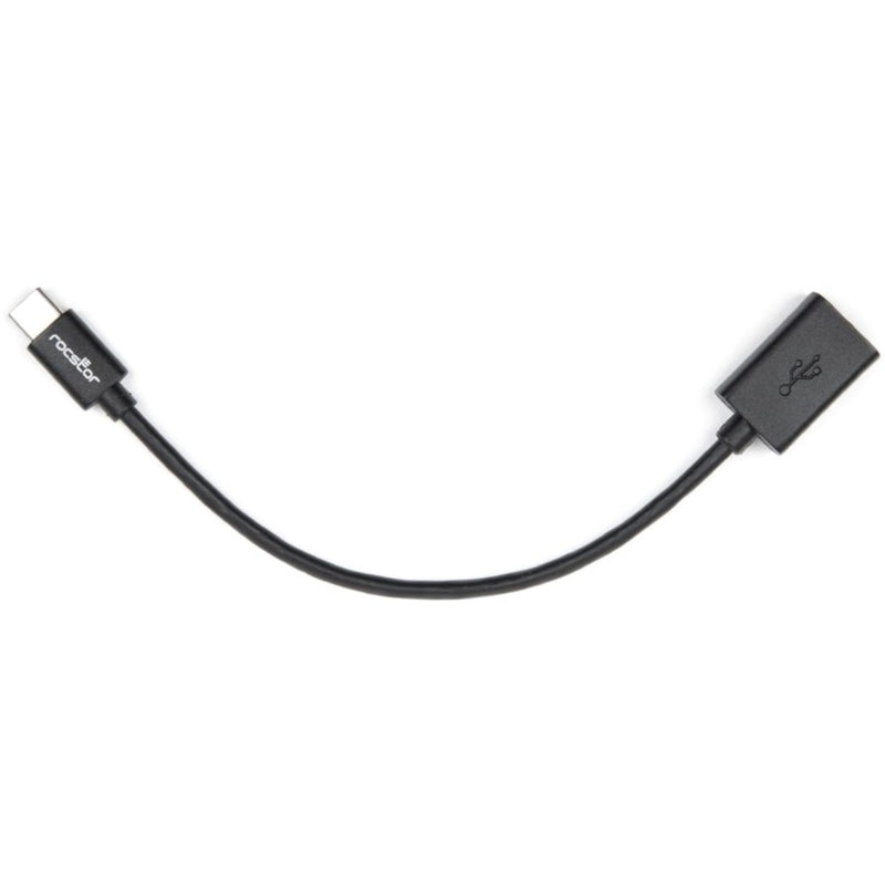 Horizontal view of Rocstor USB-C to USB-A adapter showing curved cable design