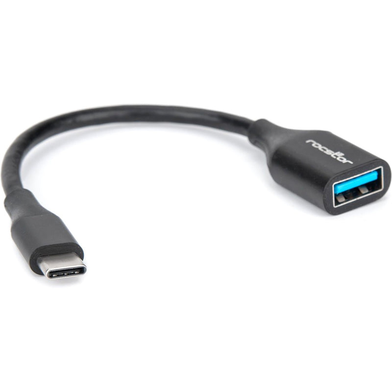 Close-up angled view of Rocstor USB-C adapter showing blue USB 3.0 port