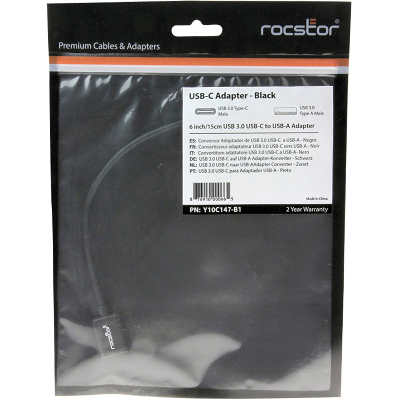 Rocstor USB-C adapter retail packaging showing multilingual product information and specifications