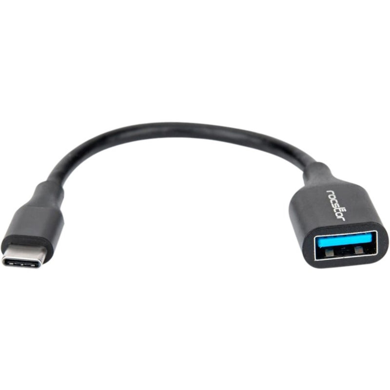 Rocstor USB-C male to USB-A female adapter shown at an angle with blue USB 3.0 port visible