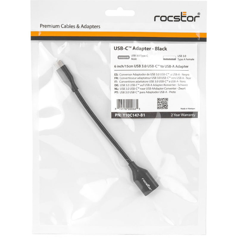 Front view of Rocstor USB-C adapter retail packaging with QR code and warranty information