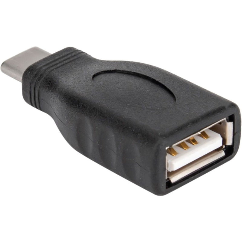 Close-up view of black USB-C to USB-A adapter showing USB-A female port connection