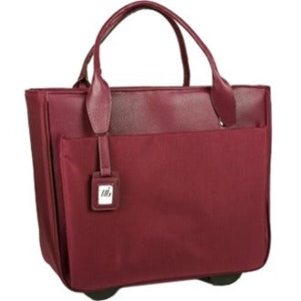 Side angle view of burgundy Florence Ladies Roller Tote showing front pocket and brand tag detail