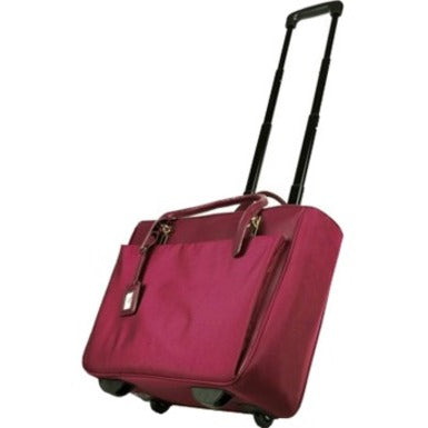 Angled view of burgundy Florence Ladies Roller Tote showing wheels and extended handle system