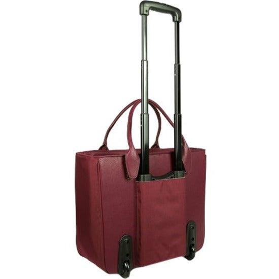 Rear view of burgundy Florence Ladies Roller Tote displaying telescoping handle system and wheel structure