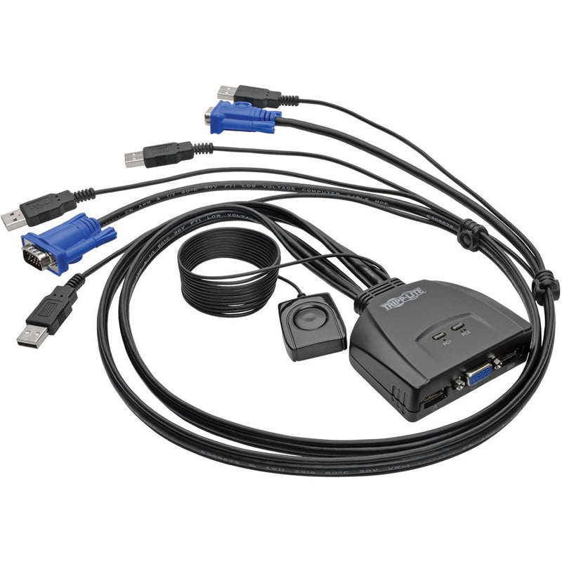 Tripp Lite B032-VU2 KVM switch with integrated USB and VGA cables connected to central switching unit