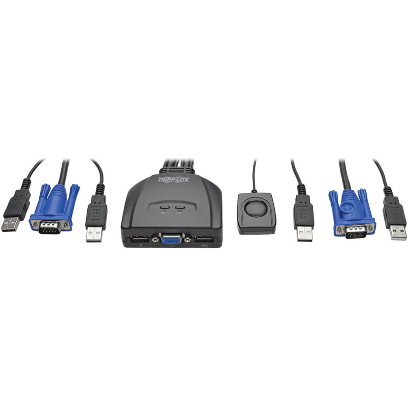 Horizontal layout of B032-VU2 KVM switch components including remote switch and cables