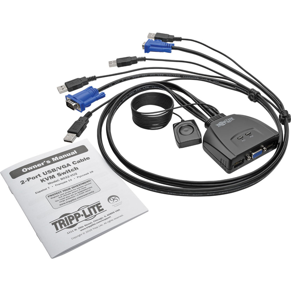 Tripp Lite B032-VU2 2-端口USB/VGA电缆KVM切换器套装，2048 x 1536分辨率，3年保修  品牌名称：Tripp Lite（特力）