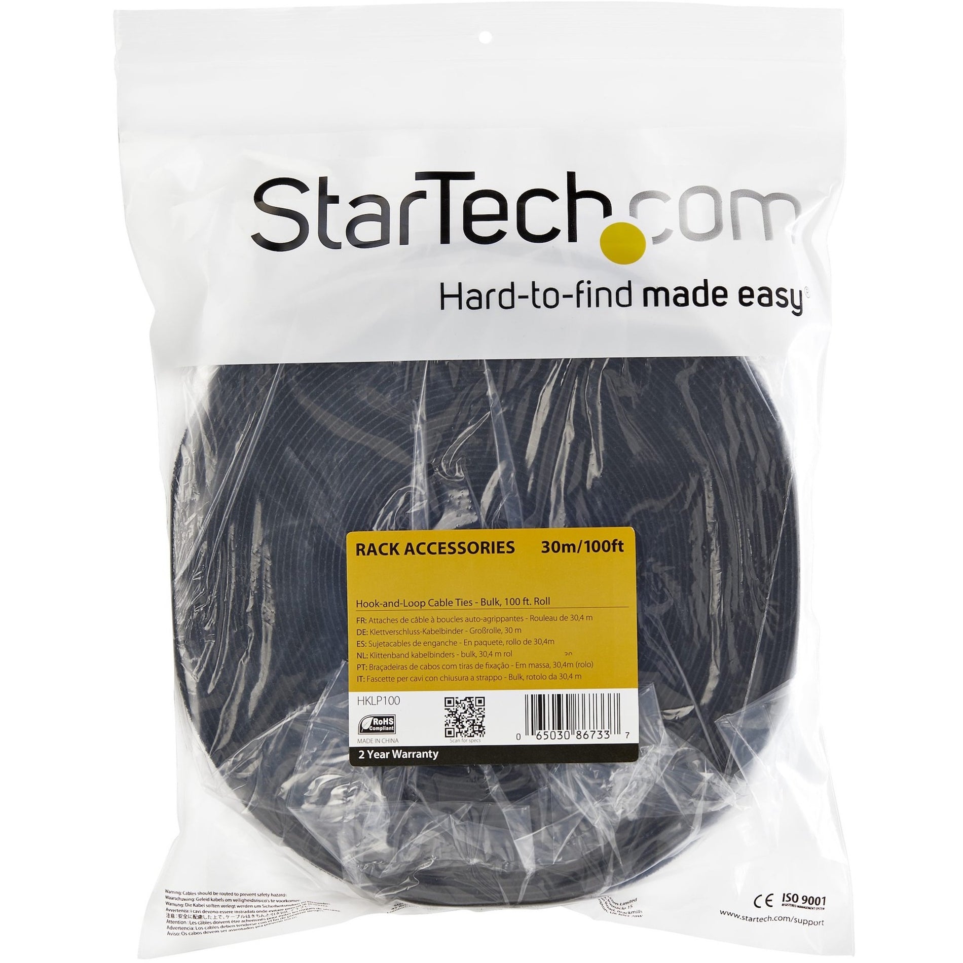 StarTech.com HKLP100 Hook-and-Loop Cable Tie - 100 ft. Bulk Roll, Black - Cut-to-Size Cable Wrap/Straps