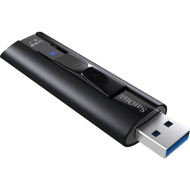 Side view of SanDisk Extreme PRO USB drive showing aluminum construction and retractable mechanism