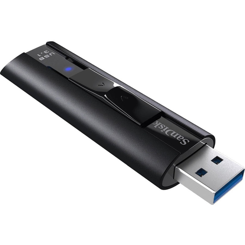 Angled view of SanDisk Extreme PRO USB drive highlighting retractable mechanism and premium finish