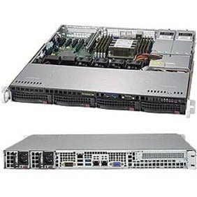 Supermicro SYS-5019P-MTR 1U server shown from front and rear perspectives with internal component view-alternate-image1