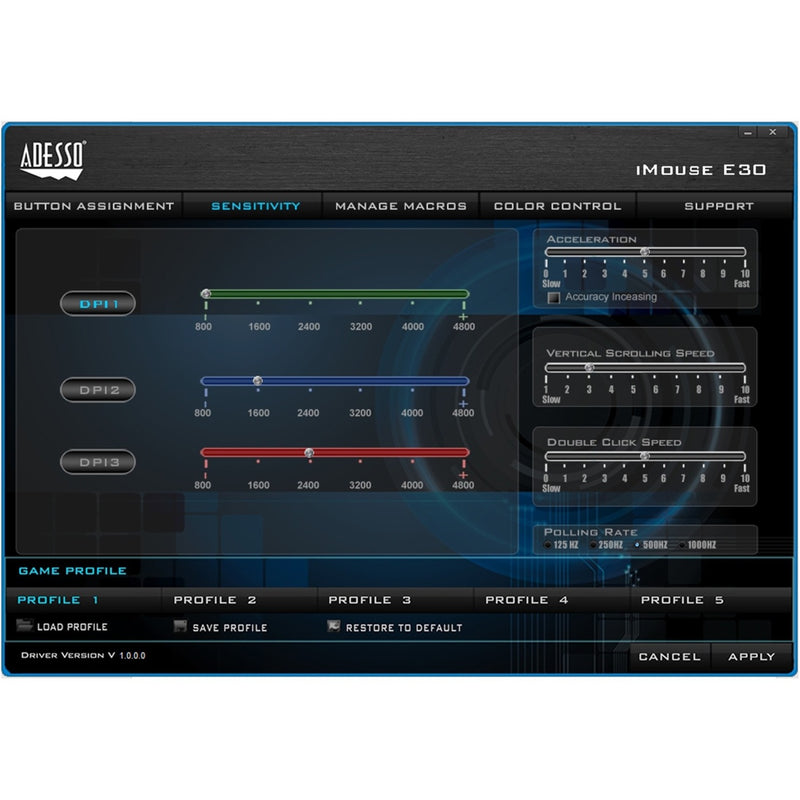 Screenshot of Adesso iMouse E30's sensitivity adjustment interface showing DPI and acceleration controls