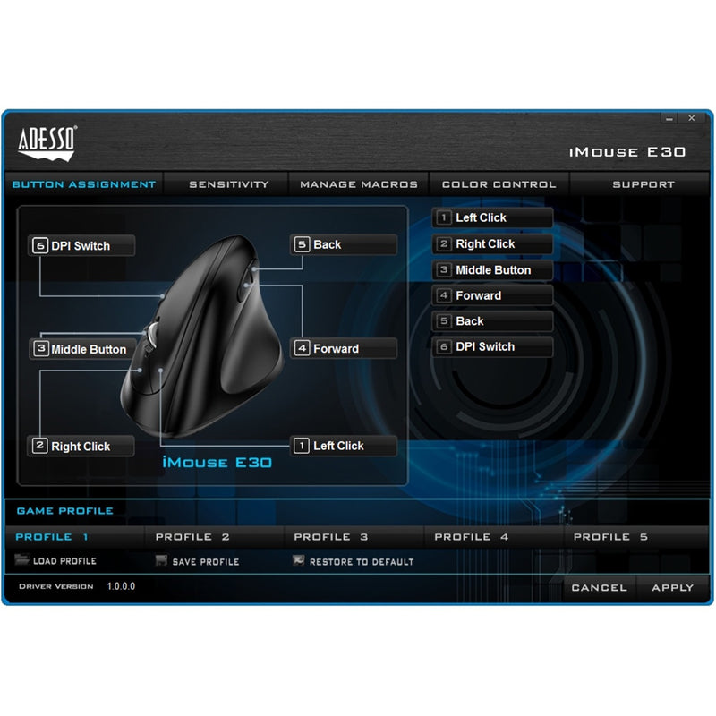 Screenshot of Adesso iMouse E30's button configuration software interface