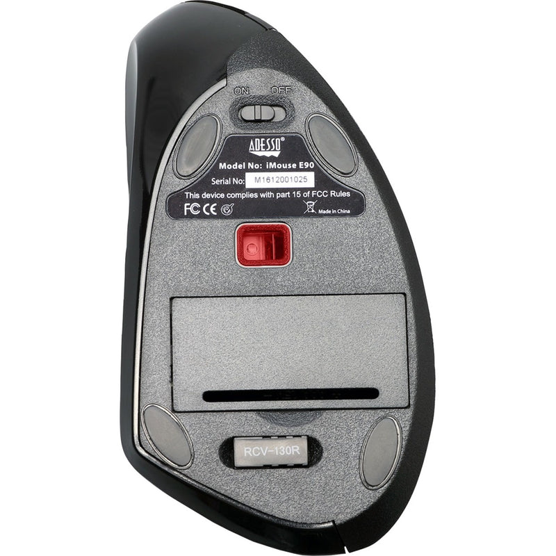 Bottom view of Adesso E90 mouse showing battery compartment and sensor