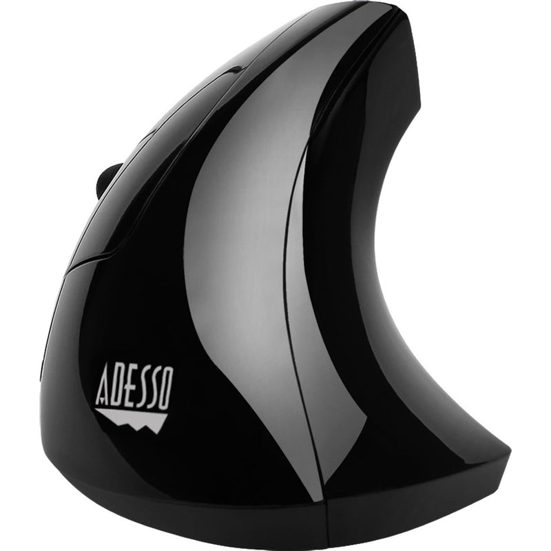 Front view of Adesso E90 ergonomic mouse highlighting brand logo and curved design