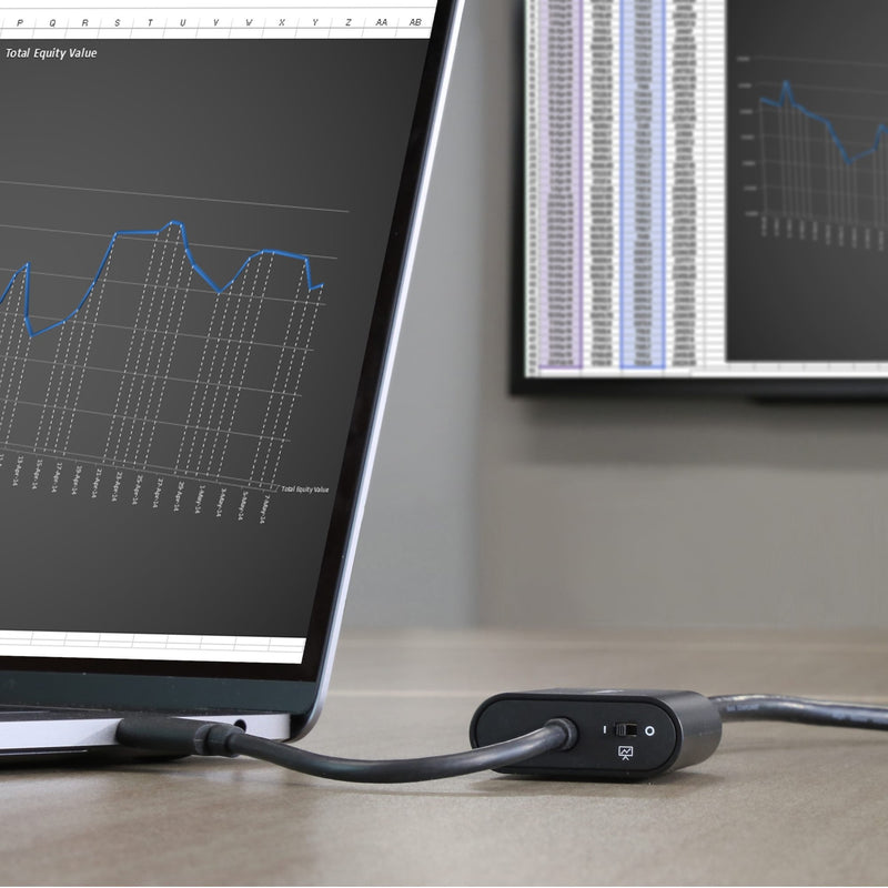 StarTech.com adapter connected to laptop displaying business analytics with Presentation Mode switch visible