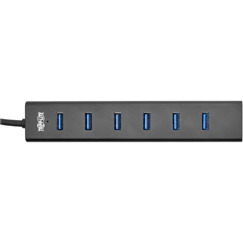 Close-up view of USB hub showing six blue-accented USB 3.0 ports