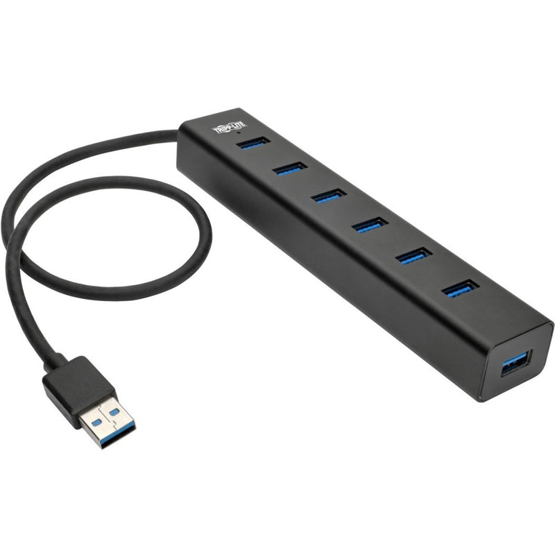 Black USB 3.0 hub with 7 blue-accented ports and attached USB cable