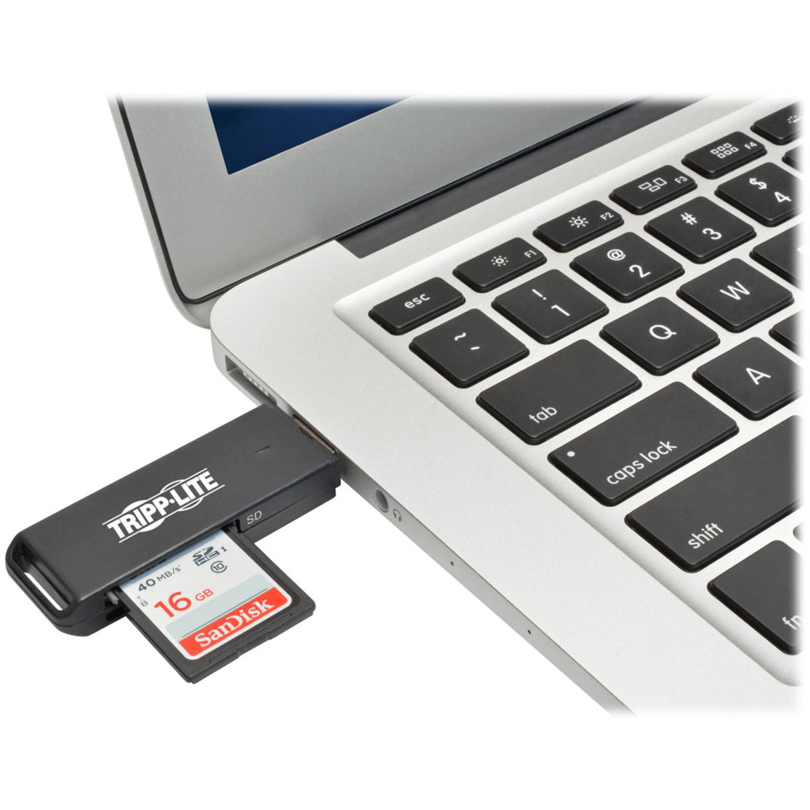 Tripp Lite card reader connected to laptop USB port with SD card inserted-alternate-image2