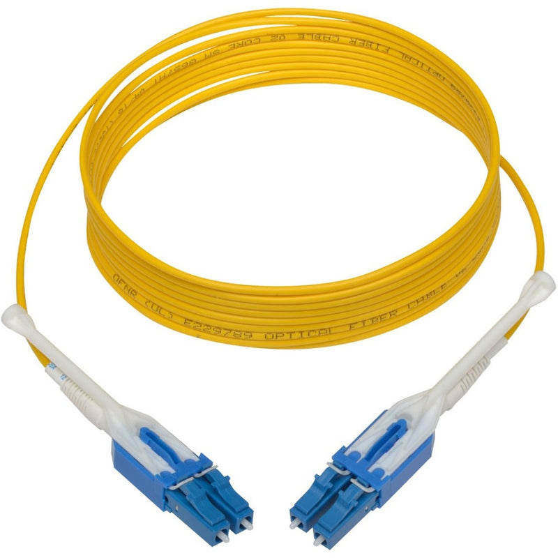 Full length view of yellow jacketed N370-03M-T fiber optic cable with LC connectors at both ends