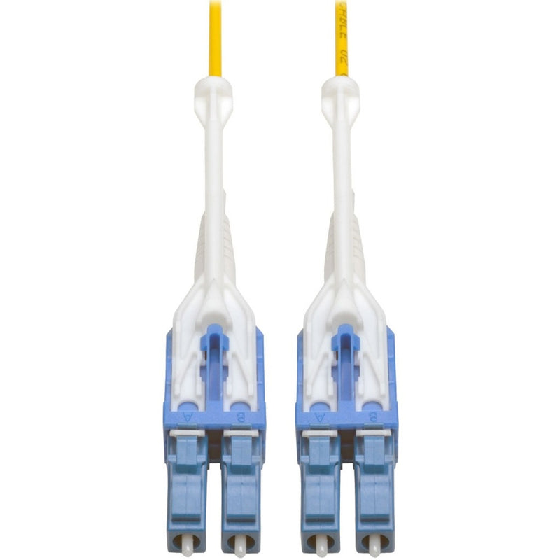 Close-up view of dual LC connectors with white push/pull tabs and blue housing for the N370-03M-T fiber patch cable