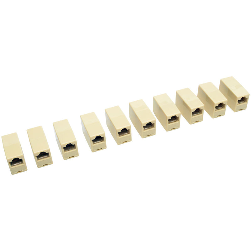 Row of ten white RJ45 inline couplers arranged in sequence