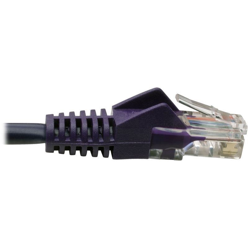 Side view of purple network cable connector showing strain relief design