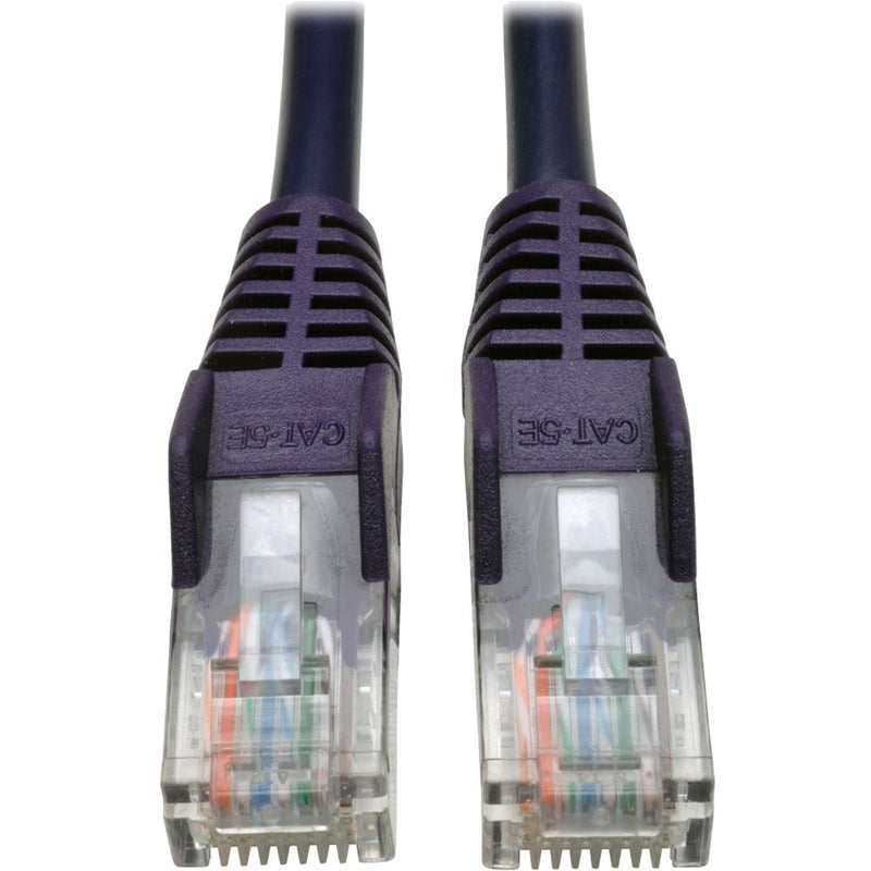 Close-up view of two transparent RJ45 connectors with purple snagless boots and gold-plated contacts