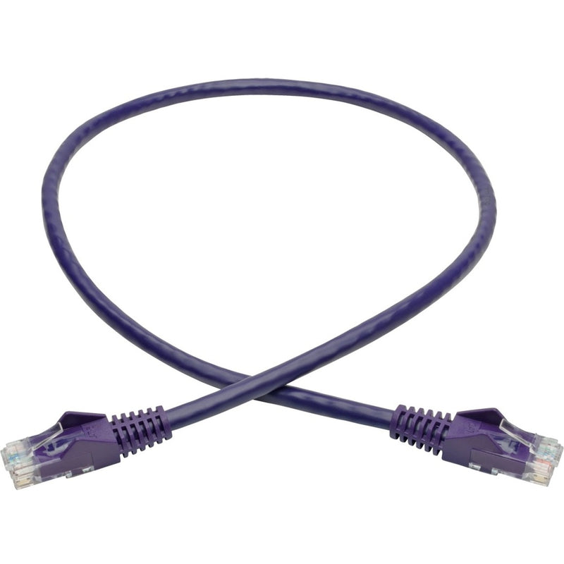 Full length view of purple Cat6 patch cable showing flexibility and both connectors