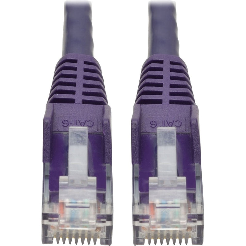 Close-up view of purple Cat6 cable RJ45 connectors showing gold contacts and strain relief design