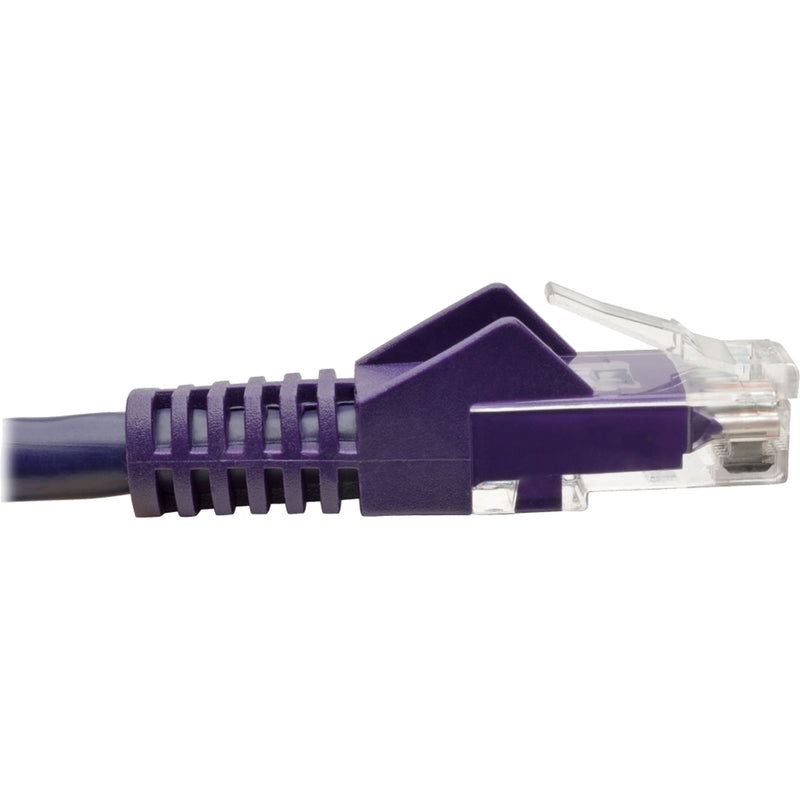 Side view of purple Cat6 cable connector showing strain relief boot design