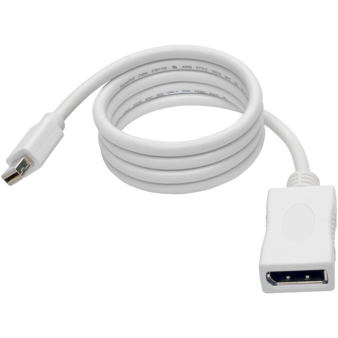 Full length view of white Mini DisplayPort to DisplayPort cable showing coiled design and both connectors-alternate-image2