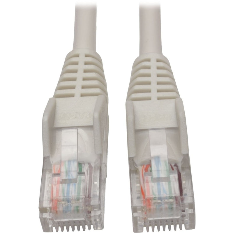 Close-up view of white Cat5e cable RJ45 connectors showing gold-plated pins and internal wiring