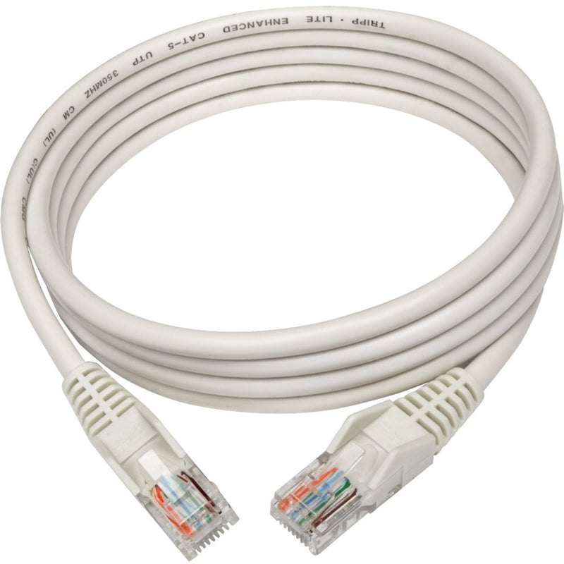 Full length view of white 5-foot Cat5e ethernet cable with strain relief boots