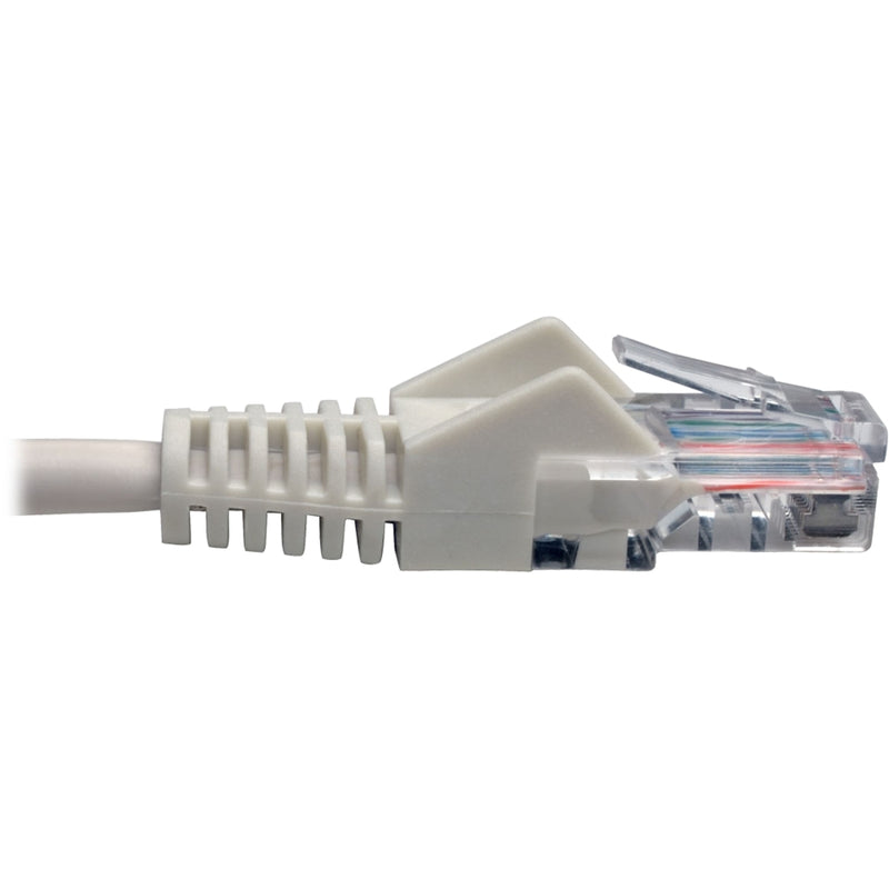 Side view of white Cat5e cable connector showing strain relief and snagless boot