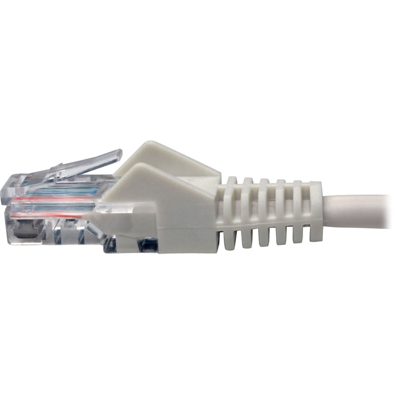 Detailed side angle of white Cat5e connector showing locking mechanism