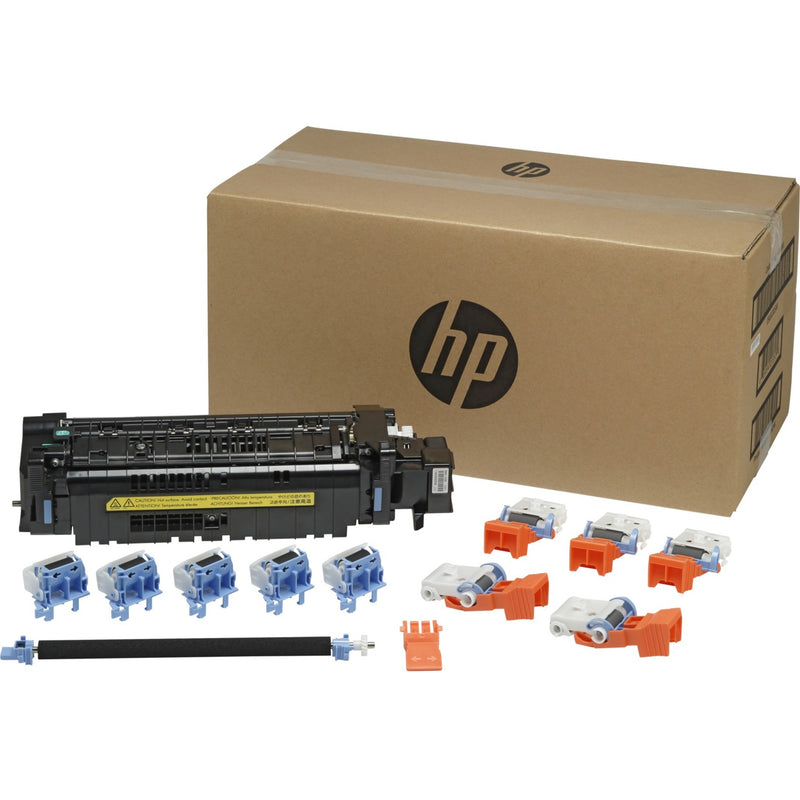 HP LaserJet 220V Maintenance Kit L0H25A displaying fuser unit, pick rollers, and various printer maintenance components against HP branded packaging