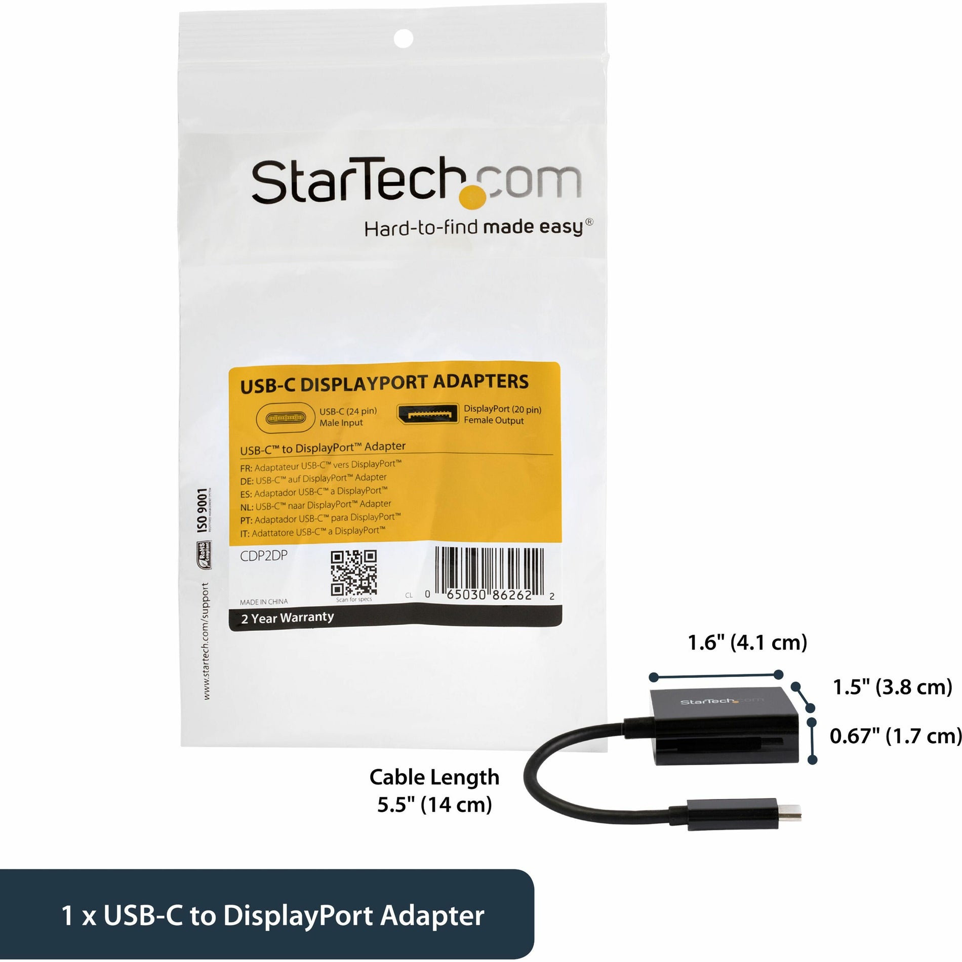 StarTech.com CDP2DP USB-C to DisplayPort Adapter - 4K 60Hz, Reversible, HDCP 2.2, Black