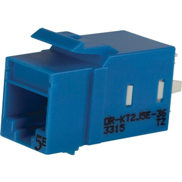 Blue Ortronics Category 5e keystone jack with lacing cap termination system, showing RJ-45 female connector port and product identification markings