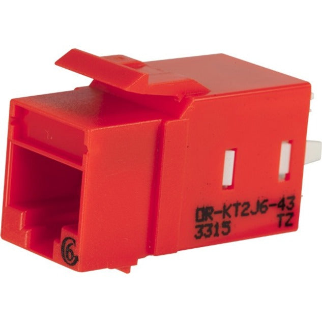 Orange Ortronics Category 6 keystone jack with lacing cap termination system showing RJ-45 port and product identification markings