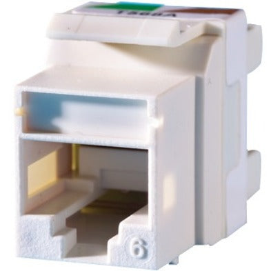 Close-up view of Ortronics KS6A-88 TechChoice Category 6 Keystone jack in cloud white showing RJ-45 port and snap-in mounting design