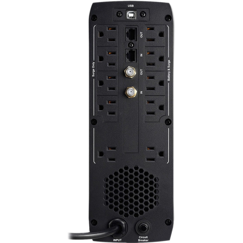 Rear view of V7 UPS showing power outlets, USB port, and network protection features