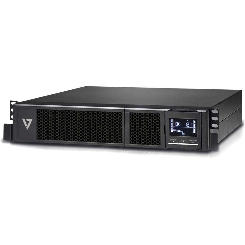 Front view of V7 3000VA rack mount UPS with LCD display panel and honeycomb ventilation grille